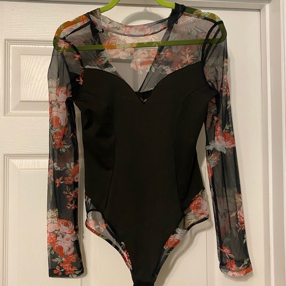 Floral mesh long sleeve bodysuit